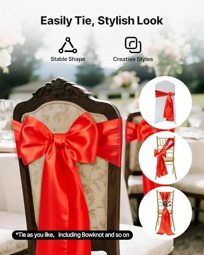 VEVOR Satin Chair Sashes Bows, Chair Ribbon Ties Back Sash, 7 x 108 inch, Wedding Reception Decoration, for Wedding Ceremony Baby Shower Party Events Banquet Cover Decoration (Red, 100pcs) - Image 4