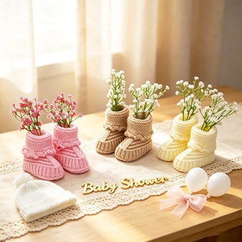 3 Sets Baby Shower Centerpieces, Knitted Booties with Artificial Flowers - Image 7