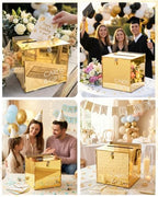 Gold Acrylic Wedding Card Box with Slot and Lock, Metallic Mirror Card Holder for Reception, Graduation, Bridal, Baby Shower, Birthday Party, Classy Golden Decorative Gift Boxes for Money Envelope - Image 6