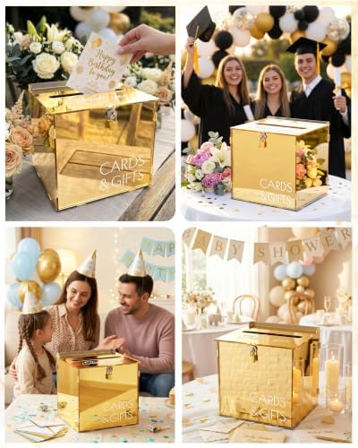 Gold Acrylic Wedding Card Box with Slot and Lock, Metallic Mirror Card Holder for Reception, Graduation, Bridal, Baby Shower, Birthday Party, Classy Golden Decorative Gift Boxes for Money Envelope - Image 6