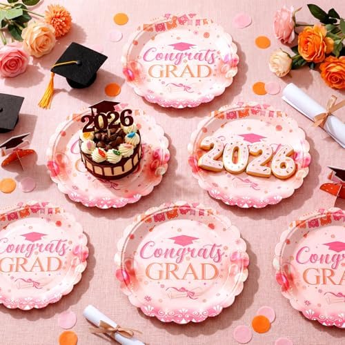 Havawish 100 Pcs Pink Orange Class of 2026 Graduation Party Plates Decorations Pink Orange Paper Plates Disposable Graduation Party Tableware Set for 2026 High School College Congrats Grad Decorations - Image 4