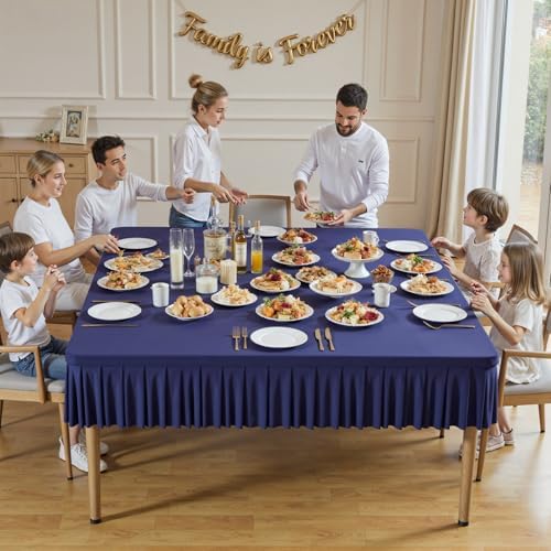 Wish Care Navy Blue Spandex Tablecloths for 60x60 Inch Square Tables, Stretch Fitted Table Clothes with Pleated Ruffle Skirt for 60” Table, Wrinkle Free and Elastic, for Party Kitchen Home Dining - Image 4