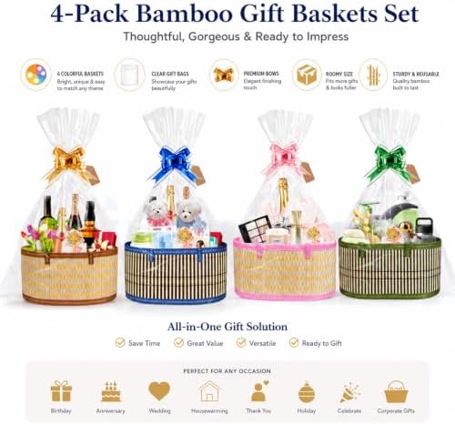 Dreamtop 4 Set Baskets for Gifts Empty, Woven Bamboo Gift Basket Empty Large with Handles, Sturdy Gift Basket Kit Empty to Fill for Christmas Birthday Baby Shower Wedding Gift (Colorful) - Image 2