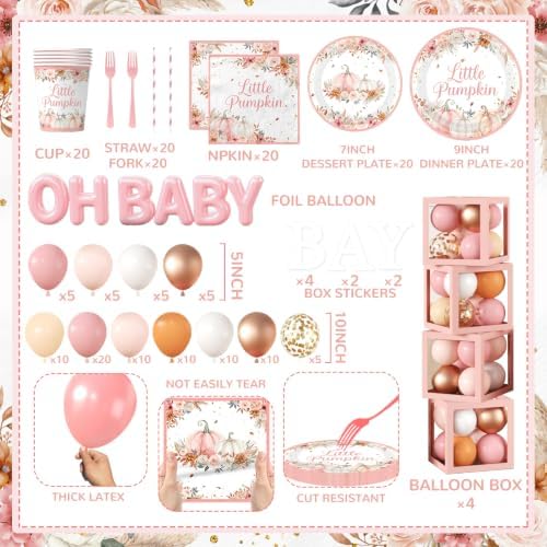 Pink Little Pumpkin Baby Shower Decorations Girl, All-in-1 Boho A Sweet Little Pumpkin is On The Way Balloon Arch with Baby Boxes Plates Napkins Cake Toppers Tablecloth Backdrop for Fall Thanksgiving - Image 5