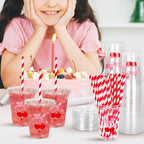 Whaline 50Pcs Cherry Bow Disposable Plastic Cups with Lids and Straws 12Oz Red Pink Cherry Bowknot Cold Beverage Drinking Cups for Wedding Birthday Baby Shower Party Supplies - Image 7