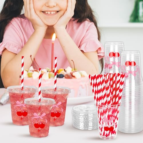 Whaline 50Pcs Cherry Bow Disposable Plastic Cups with Lids and Straws 12Oz Red Pink Cherry Bowknot Cold Beverage Drinking Cups for Wedding Birthday Baby Shower Party Supplies - Image 7