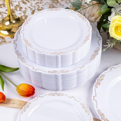 U-QE 100PCS Gold Plates Disposable - Heavy Duty White and Gold Plates - Image 3