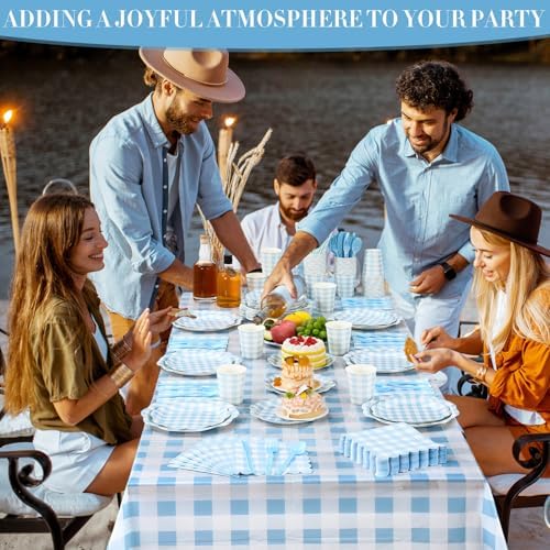 Funnymoom 452 Pcs Blue Gingham Party Supplies for 50 Guests Include White and Blue Checkered Paper Plates Napkins Cups Tablecloth Cutlery Straws for Birthday Baby Shower Wedding Party Decorations - Image 5