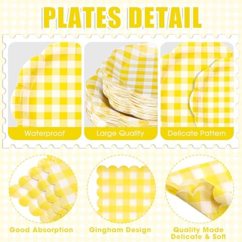 Funnymoom 400 Pcs Gingham Party Supplies for 50 Guests Yellow and White Paper Plates and Napkins Knives Spoon Fork Cup Disposable Checkered Dinner Party Set Cutlery for Baby Shower Wedding Favor - Image 2