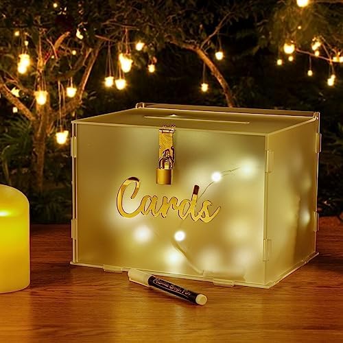 OurWarm Frosted Acrylic Wedding Card Box with Lock, DIY Gift Card Box for Wedding Reception with String Light and Pen, Envelope Money Card Box for Party Birthday Graduation Baby Shower Decor - Image 6