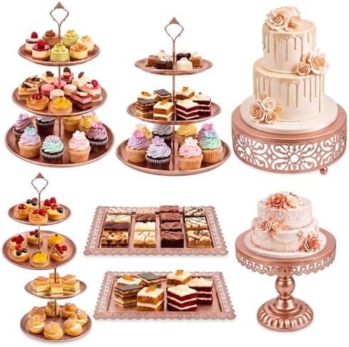 8 Pcs Cake Stands Set Metal Dessert Table Display Tiered Cupcake Holder Candy Donut Fruit Plate Cake Serving Tray Candlestick Display Treats Serving Tower for Wedding Birthday Party Decor (Rose Gold) by Patelai