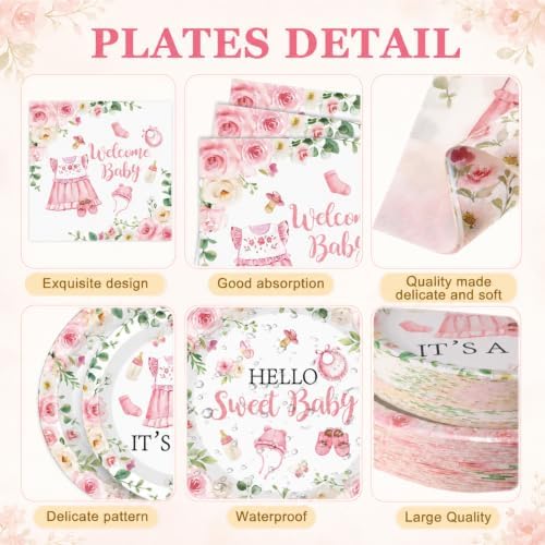 Pickmesh 250 Pcs Pink Floral Baby Girl Disposable Tableware Set Hello Sweet Baby Paper Plates Napkins Cups Cutlery for Gender Reveal Birthday Party Supplies Babies Shower, Serve 50 Guest - Image 2