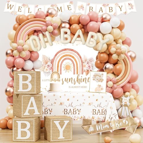 Boho Baby Shower Decorations, Boho Rainbow Baby Shower Party Supplies, A Little Ray of Sunshine is Almost Here, It’s a Girl Gender Reveal, Backdrop Balloon Arch Boxes Mom to Be Sash by Unknown