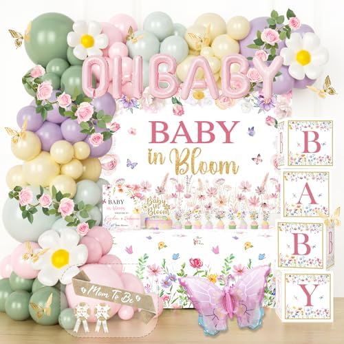 Hombae Baby in Bloom Baby Shower Decorations, 155PCs Spring Wildflower Party Supplies Wild Flower Decor for Girl with Floral Balloons Boxes, Banner, Backdrop, Tablecloth, Cake Cupcake Topper by Hombae