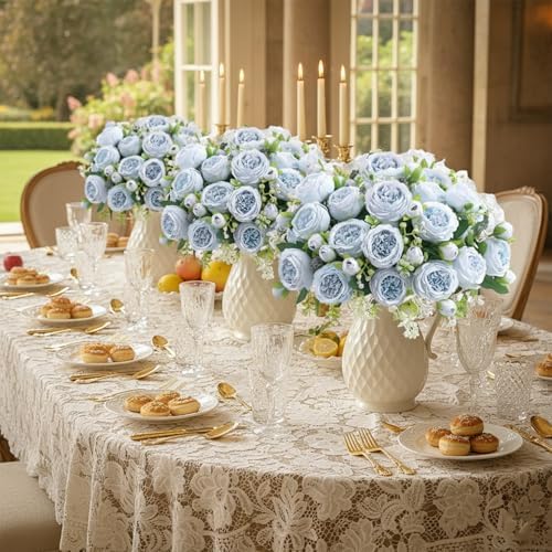 Peonies Artificial Flowers Bouquet, Lifelike Silk Fake Peonies with Stems for Home Table Centerpieces, Wedding, Party & DIY Bridal Floral Arrangements (12, Blue) - Image 3