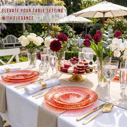 Rubtlamp 60 Pcs Red Plasitc Plates, Gold Red Disposable Plates, Fancy Party Plates, Hammered Plastic plates Include 30 Dessert Platos, 30 Dinner Platos for Party - Image 3
