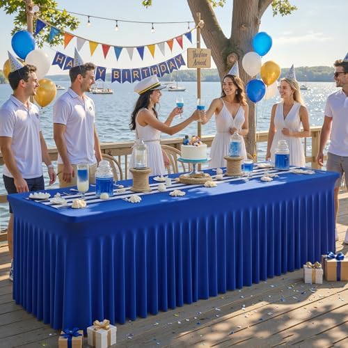 Royal Blue Table Cloth for 8 Foot Rectangle Tables Fitted Stretch Spandex Table Cover with Skirt 8ft Baby Shower Birthday Party Banquet Ruffle Tablecloth Wedding Table Cloths Desk Skirt, 2 Pack - Image 2