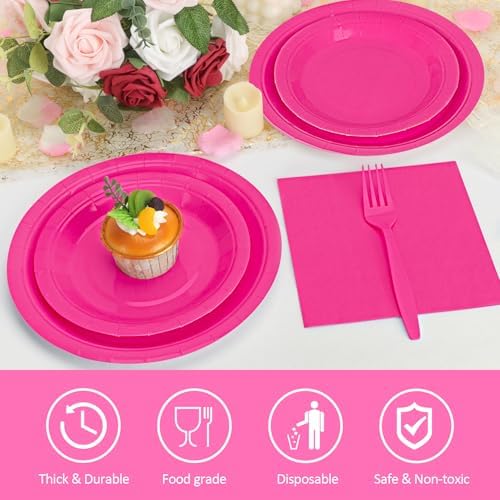 250Pcs Hot Pink Paper Plates and Napkins Supplies, Include 9’’Paper Party Plate, 7’’Dessert Plates Cups Napkins Forks Sets for Birthday, Anniversaries, Wedding, Picnics, Serves 50 - Image 4