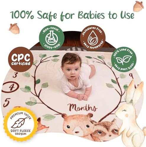 KooKooBaby Baby Monthly Milestone Blanket - 47x47 Premium Fleece Milestone Blanket for Baby Girl and Boy - Woodland Animals Monthly Baby Milestone Photo Background with Felt Circle Marker - Image 3