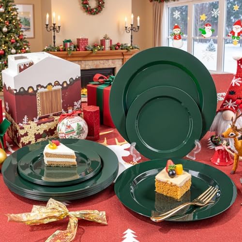 FLOWERCAT 200PCS Dark Green Plastic Plates Disposable Plates for Party - Heavy Duty Plastic Plates - 10" &7" Plate for 100 Guests New Year Parties and Events - Image 6