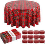 Ganeen 12 Pcs Christmas Tartan Plaid Tablecloth Round 84 in Red Plastic by Ganeen