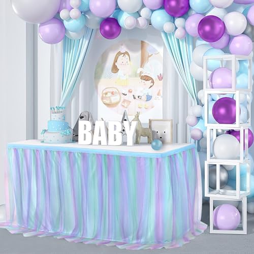 Pastel Rainbow Blue Table Skirt Ruffle Mermaid Party Tablecloth for Rectangle Table Tables or Round Tables 14ft Birthday Party Baby Shower Decorations - Image 4