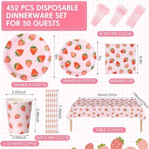 Funnymoom 452 Pcs Strawberry Party Supplies for 50 Guests, Strawberry Paper Plates Napkins Cups Tablecloth Cutlery Straws for Berry First Birthday Baby Shower Party Decorations - Image 2