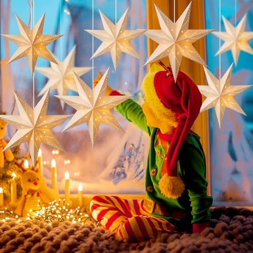 Youyole 12 Set Christmas Paper Star Lantern with Lights, 7 Pointed - Image 6