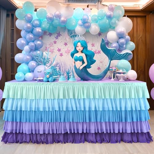 14ft Mermaid Tutu Tulle Table Skirt for Rectangle and Round Tables - Blue Purple Chiffon Decorations for Birthday Party, Baby Shower - Ruffle Skirting - Image 2