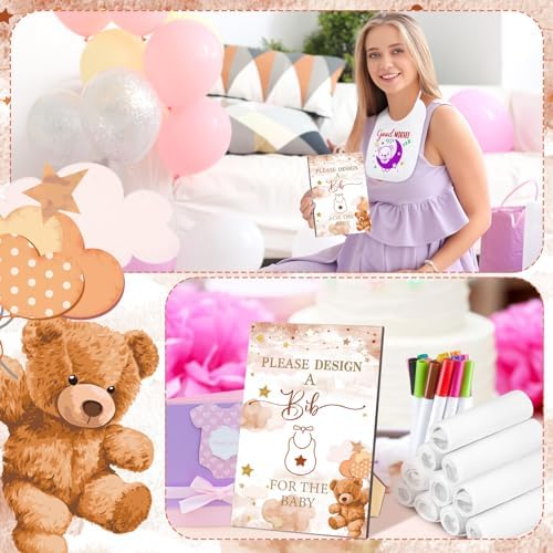 Panitay 100 Pcs DIY Baby Bibs Decorating Kit 50 White Bibs 25 Stencils 24 Markers 1 Baby Shower Game Sign - Image 5