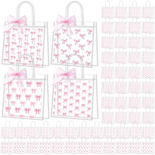 Kolldenn 48 Pcs Pink Bow Clear PVC Gift Bags with Handle Ribbon Reusable Pink Coquette Bowknot Goodies Treats Totes Bulk for Birthday Wedding Baby Shower Party Supplies, 5.9 x 6.3 x 2.8 Inch by Unknown