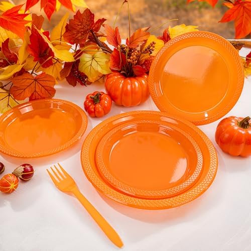 MirthMood 350PCS Orange Plastic Plates,Orange Disposable Plates Set - Image 3