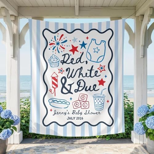 Fourth of July Backdrop Personalized Red White and Due Baby Shower Banner Custom Patriotic American Welcome Tapestry Sign for Party Decorations Photo Booth Baby Gender Reveal Independence Day Decor by Unknown