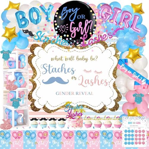Hombae Staches or Lashes Gender Reveal Decorations, 169 PCs Boy or Girl Gender Reveal Decorations Backdrop Balloon Garland Banner Tablecloth Cake Cupcake Topper Box Cutout Poster Sash Pink Blue by Hombae