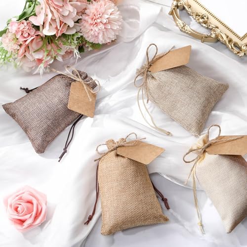 Woanger 100 Pcs Drawstring Burlap Gift Bags 4x6'' with Tags, Hemp Brown Mix - Image 6
