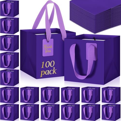 Windyun 100 Pcs Mini Paper Gift Bags with Handle 6 x 6 x 6'' Square Small Favor Bag with DIY Thank You Tag for Christmas Birthday Wedding Bridal Shower Bridesmaid Graduation Party (Purple) by Windyun