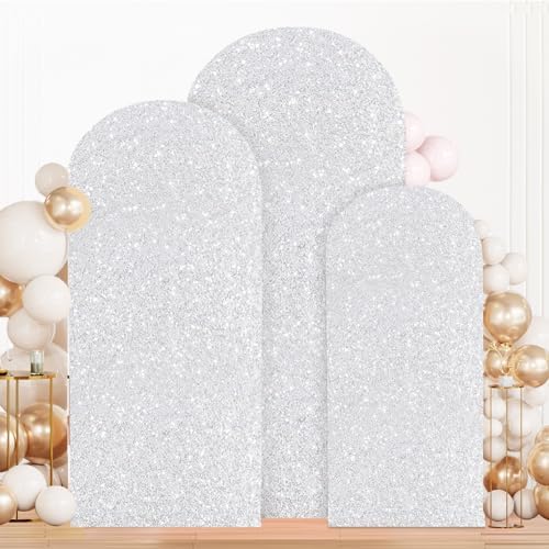 MODFUNS Set of 3 Wedding Arch Cover Silver Sequins Arch Cover 4ft 5ft 6ft Metallic Arch Stand Covers Spandex Arches Backdrop Covers Payette Glitter Arched Backdrop for Birthday Party Wedding Decor - Image 5