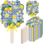 Huwena 50 Sets Wedding Fans for Guests Thank You for Celebrating with Us Fans Hand Fans Handheld Folded Fan Baby Shower Favors for Bridal Bridesmaid Gift Church Dancing(Blue,Tiles Lemon) by Huwena