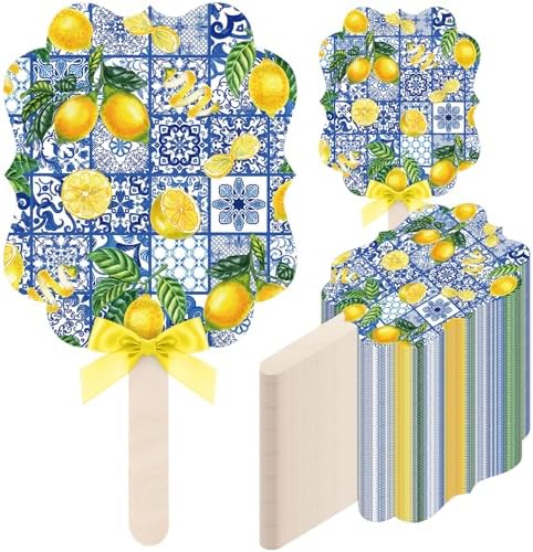 Huwena 50 Sets Wedding Fans for Guests Thank You for Celebrating with Us Fans Hand Fans Handheld Folded Fan Baby Shower Favors for Bridal Bridesmaid Gift Church Dancing(Blue,Tiles Lemon) by Huwena