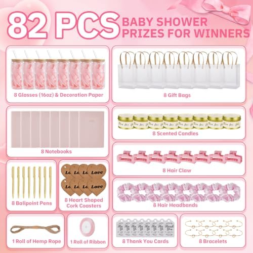 90Pcs Baby Shower Prizes for Game Winners Gifts Wedding Bridal Shower Gifts Including Glass Cans Notebooks Soy Candles Hair Clips for Baby Shower Wedding Bridal Shower Game Prizes (Pink, 8 Sets) - Image 4