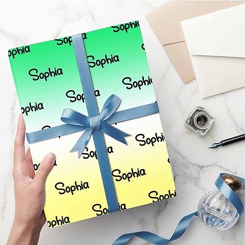 Personalized Gradient Green White & Yellow Wrapping Paper with Logo, Custom Name Gift Wrapping Paper Roll with Text for Friend Grandma Grandpa Birthday Wedding Christmas Gifts 58x23 5 Rolls - Image 5