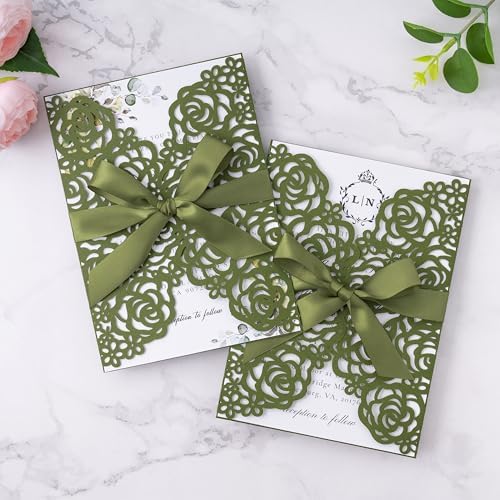 ponatia 25PCS Olive Green Laser Cut Invitations Cards with Envelopes - Image 6