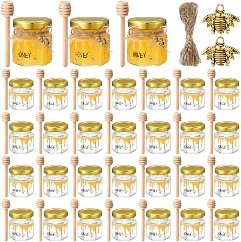 Shellwei 30 Set Mini Glass Honey Jars 1.5 oz Honey Jars Party Favors Bulk with Dipper and Gold Lid, Bee Pendant, and Silk Ribbon for Guests Wedding Baby Shower Favors Gifts by Shellwei