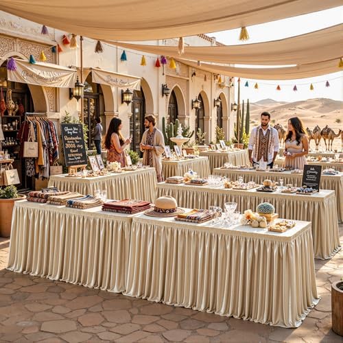 21ft Length Champagne Gold Satin Table Skirt for Rectangle Tables, Wrinkle Resistant Pleated Ruffle Table Cloth Glitter Desk Skirting for Weddings Banquet Birthday Party Stage Decorations - Image 2