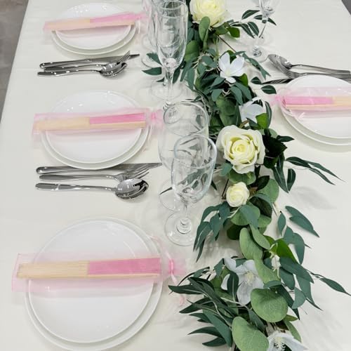 50pcs Paper Hand Fan with Organza Bags Bamboo Handheld Folding Fan DIY Decorative Wedding Party Favors (Pink) - Image 3