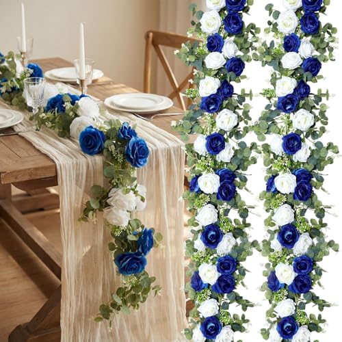 Riceshoot 6 Pcs 26 ft Artificial Eucalyptus Vines Garland with Flowers Faux Floral Greenery Garlands Rose Wreath for Wedding Party Arch Table Decor Backdrop Decorations (Blue and White) - Image 5