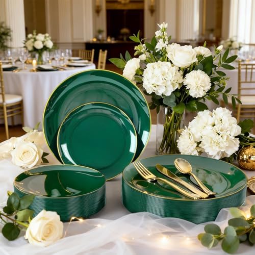 YOUBET 125PCS Green Plastic Plates with Gold Rim for Party Wedding - Image 3