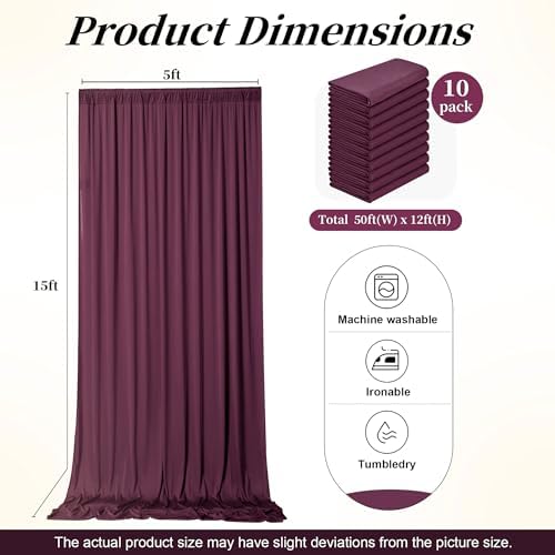50ft x 15ft Burgundy Backdrop Curtains for Wedding Parties, 10 Panels Extra Long Wrinkle Free Fabric Drapes Photo Backdrop for Baby Shower Birthday Stage Reception Lobby Decoration - Image 7