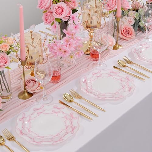LIYH 60 Pcs Pink Bow Plastic Plates for Party - Pink Scalloped Scalloped Plates Disposable Heavyduty for Decorative Tableware for Holiday Party Decor Supplies - 10.25" Dinner & 7.5" Dessert Plate - Image 7