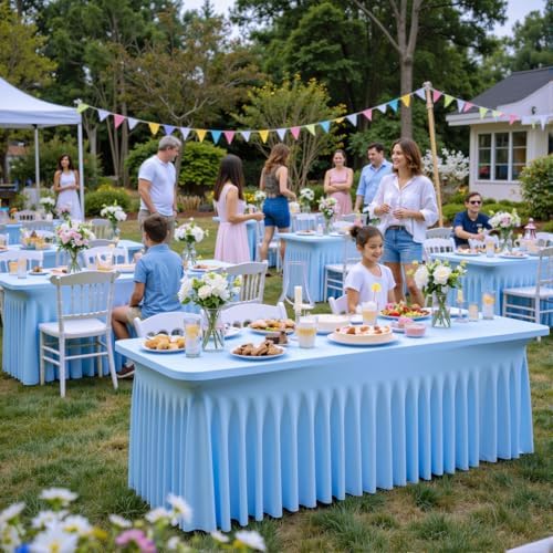 6 Pack Spandex Baby Blue Tablecloths for 8 Foot Rectangle Tables, Wrinkle Free Fitted Table Cloths 8ft Stretchy Table Cloth for Parties Weddings Birthday Banquet Baby Shower - Image 3